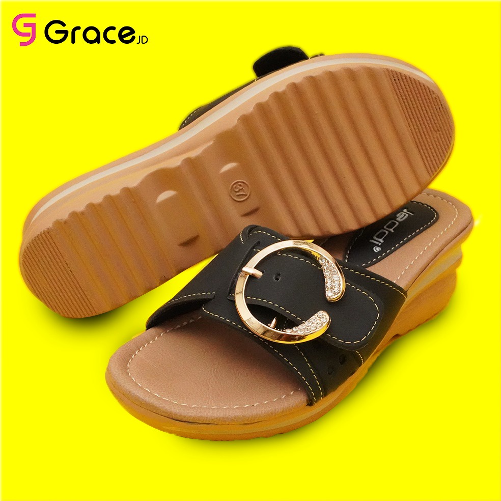 GRACE [JTL 01] Sandal Wedges Selop Wanita/ Sandal Slop Hak 5 CM Cewek/ Sandal Blink Manik Calbi