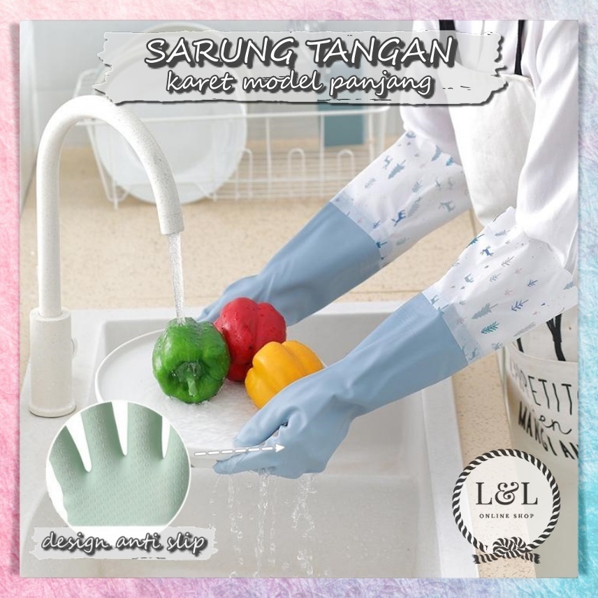 Sarung Tangan Karet Cuci Piring &amp; Baju Panjang Lateks Anti Air Tebal Rubber Gloves Latex Waterproof