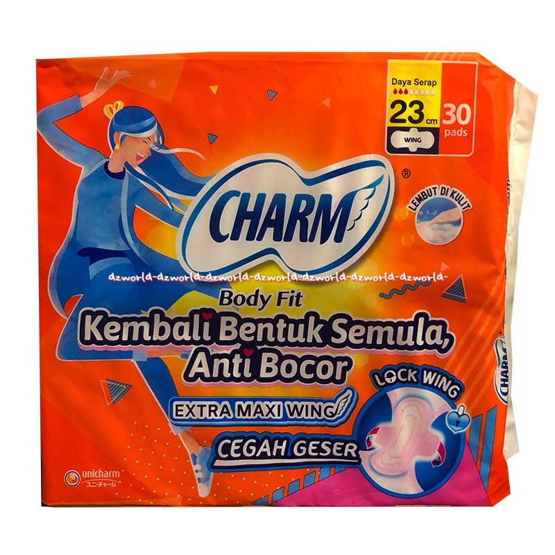 Charm Body Fit 23cm 30pads Extra Maxi Wing Pembalut Wanita Kembali Bentuk Semula Anti Kerut Charms Orange Bodyfit