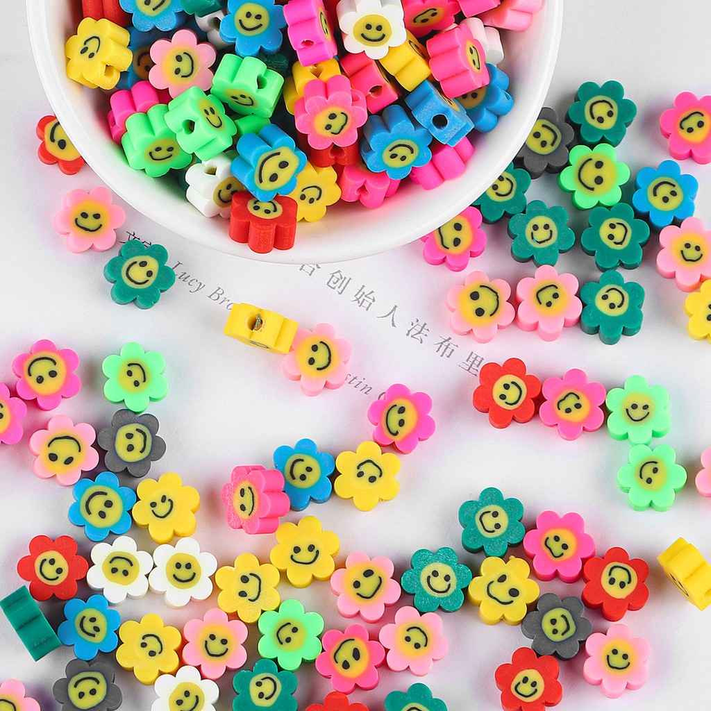 30pcs 10mm Flower Smile Polymer Clay Spacer Smile-Face Beads For Jewelry Making DIY Bracelet Necklace Accessories