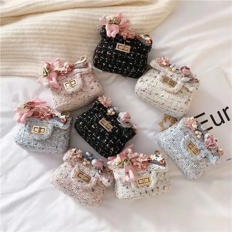 Tas Selempang Anak Rajut Motif FLOWERS / Tas Fashion Anak Perempuan Import 2021