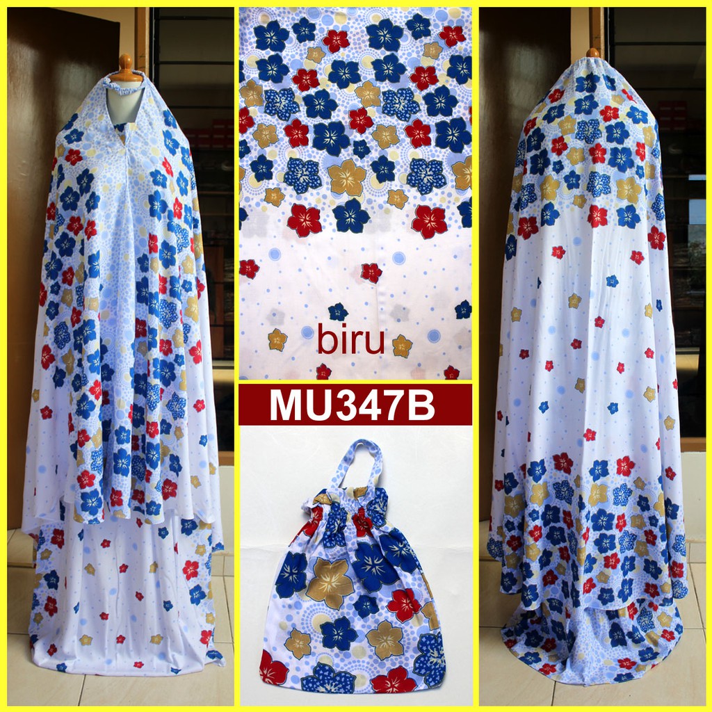 PROMO Mukena Bali Dasar Putih Motif Bunga Sakura - MU347B (Biru)