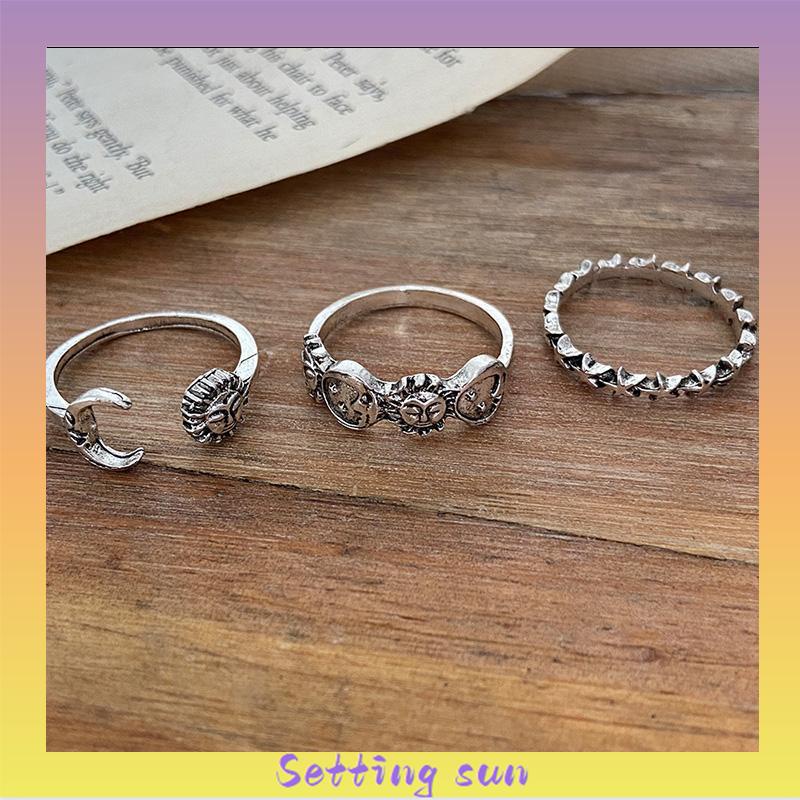 Cincin Gabungan Terbuka Kreatif Retro Star Moon 3-piece Set Cincin TN