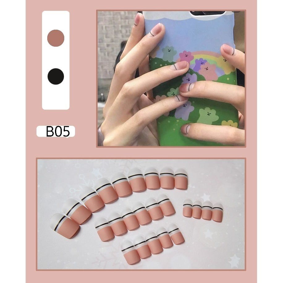 24pcs Premium Fake Nails Kuku Palsu Motif Api Wedding Nail Art Matte Glitter Lem Cair