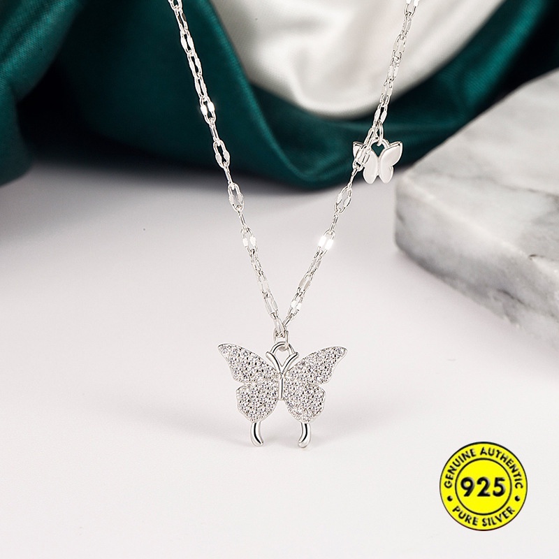 Kalung Rantai Klavikula Lapis Emas 18K Desain Kupu-Kupu Aksen Berlian Bahan S925 Silver Untuk Wanita