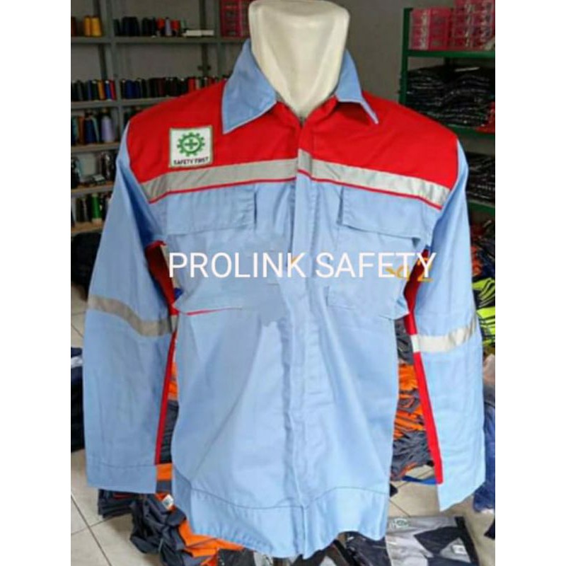 SERAGAM SAFETY BIRU LANGIT KOMBINASI MERAH RESLETING ATASAN