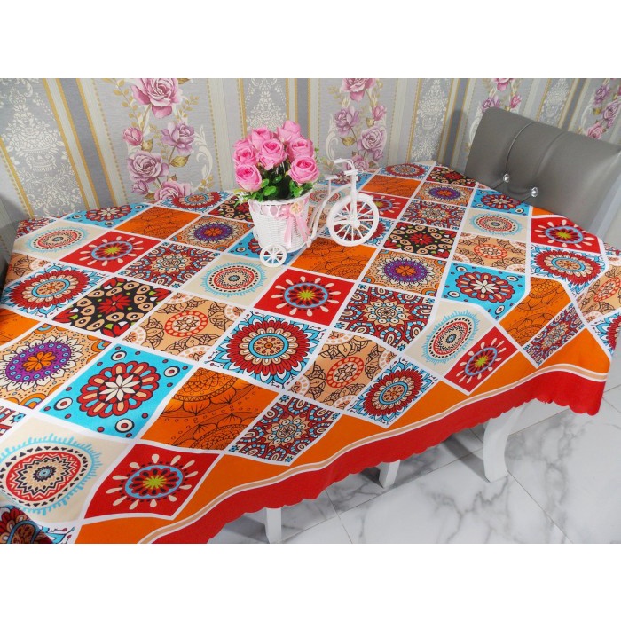 Taplak Meja Makan - Taplak Meja Makan Kotak 6 Kursi Tebal Mewah Premium Bohemian Orange