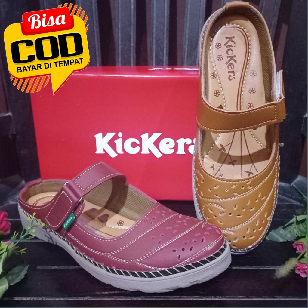 Sepatu Wanita Slip On Selop Kickers Kulit Sintetis Kasual Warna Marun Dan Tan
