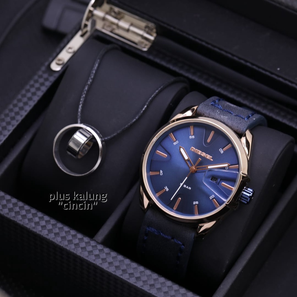 COD Jam Tangan Pria Diesel Tali Kulit Free Kalung Model Cincin Tanggal Aktif