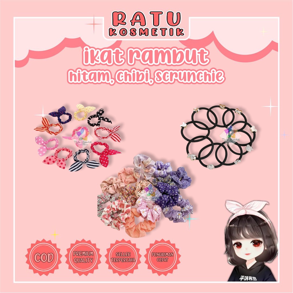 ❤ RATU ❤ Ikat Rambut Chibi | Kuncir Kerut Scrunchie Motif Ala Korea | Karet Anak