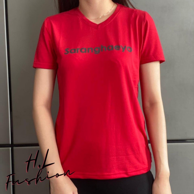 Kaos wanita leher V tangan model “Saranghaeyo”