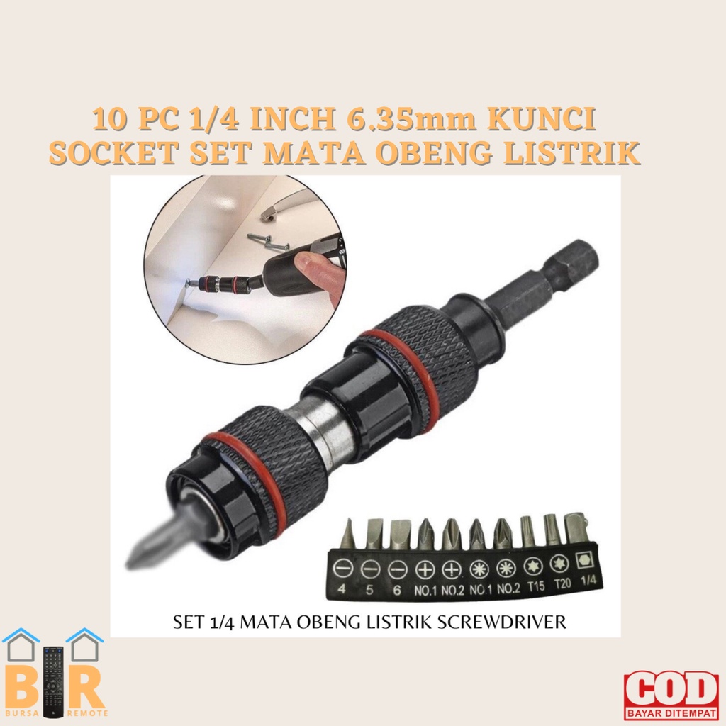 10 PC 1/4 INCH 6.35mm KUNCI SOCKET SET MATA OBENG LISTRIK