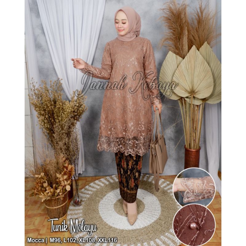 Fanstore Setelan Kebaya JUMBO LD 130 BIG SIZE &Swaroski Tunik Bordir Mutiara-Moca