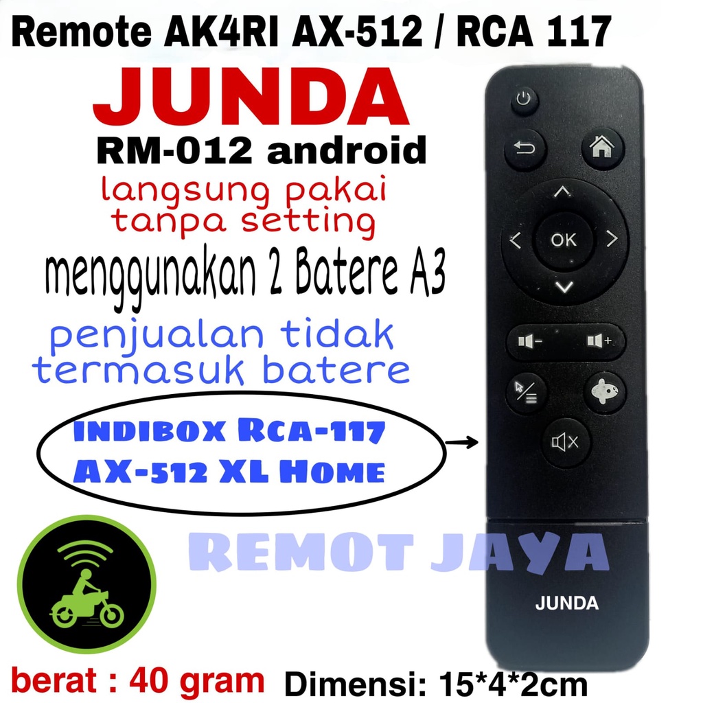 REMOTE AKARI AX-512 XL HOME INDIBOX RCA-117 STB SET TOP BOX JUNDA 012 SEPERTI ORIGINAL