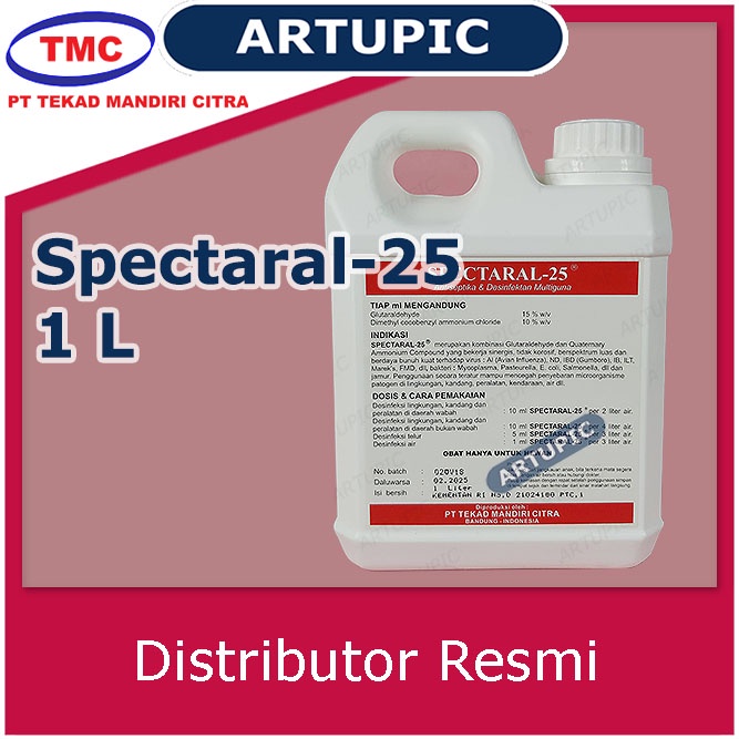 Disinfektan Spectaral-25 1 Liter Antiseptik Sanitasi Anti Virus Bakteri Jamur Glutaraldehyde dan Quaternary Ammonium Compound Bunuh Virus ND IB ILT AI Marek FMD Mycoplasma Pasteurella Ecoli Salmonella