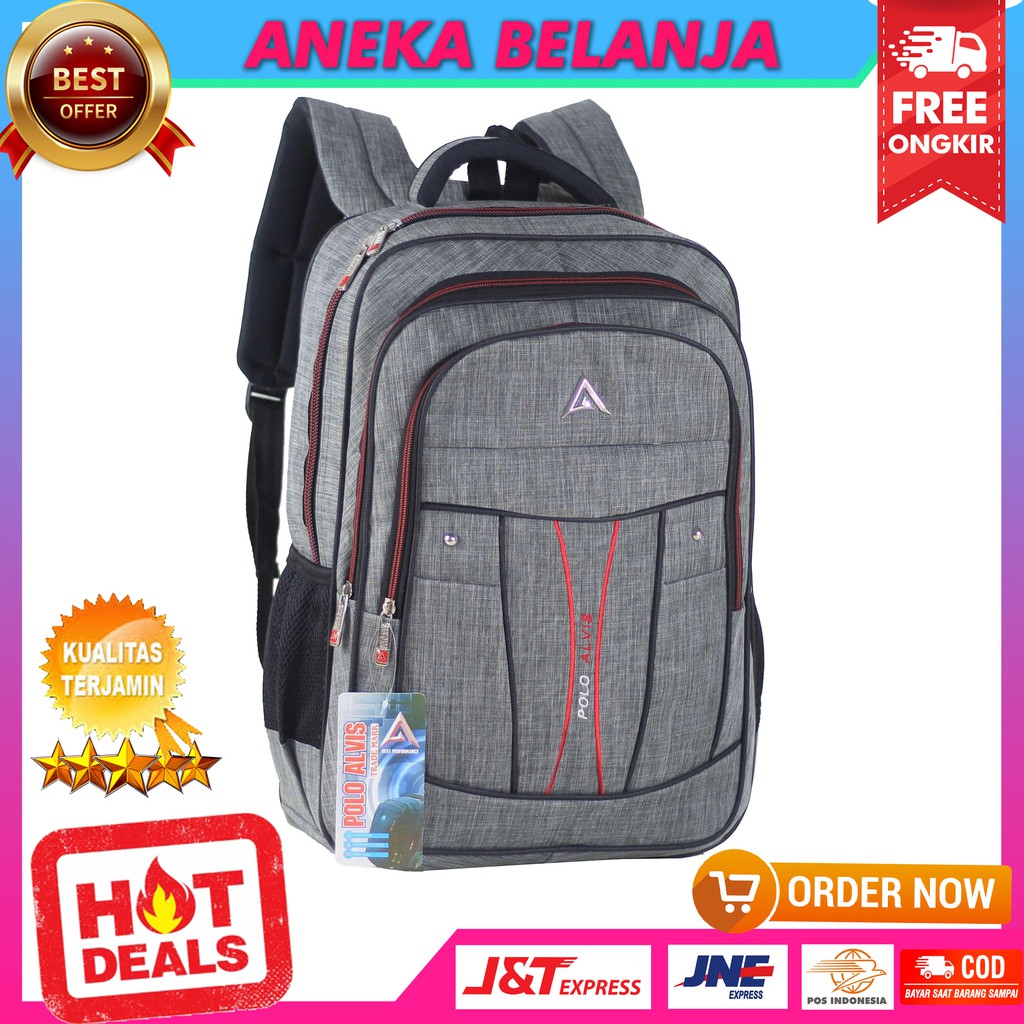 Tas Backpack Sekolah Kuliah Kerja ALVIS Bordir Abu Bonus Raincover Ransel Cowok Murah Multifungsi