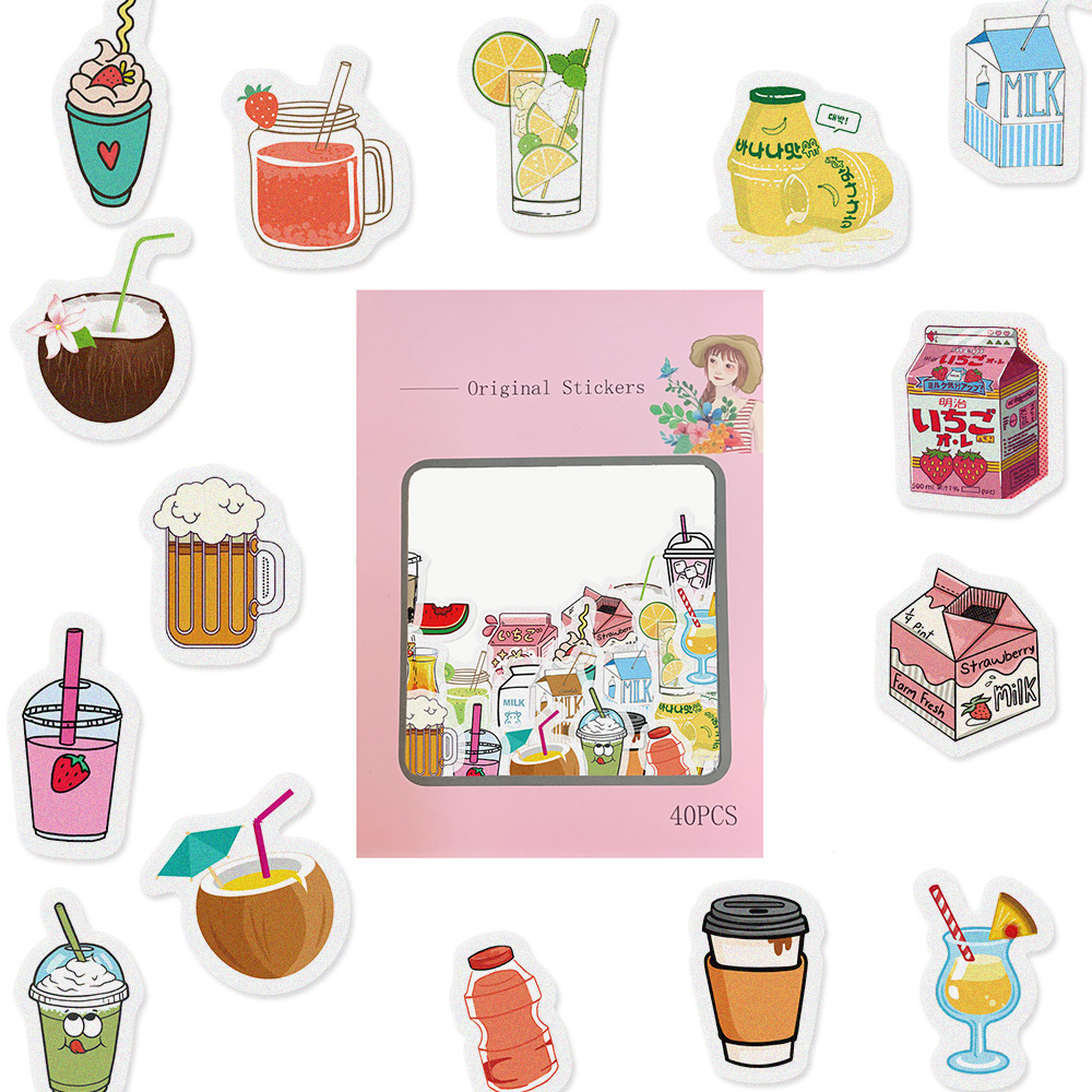 Various cartoon drink hand account stickers DIY recipe decoration diary and paper hand account stickers 40 pieces