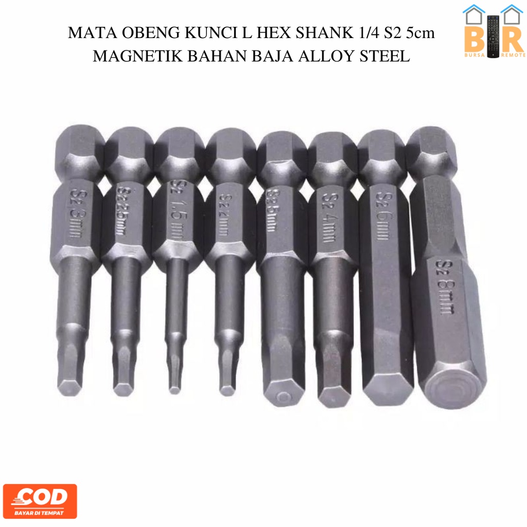 SET 8 PCS MATA OBENG KUNCI L HEX SHANK 1/4 S2 5cm MAGNETIK BAHAN BAJA ALLOY STEEL