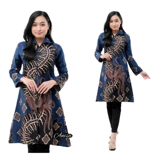 EMHABATIK | Tunik Batik Wanita Jumbo Batik Seragam Grosir batik-ZIPER KLABANG BIRU