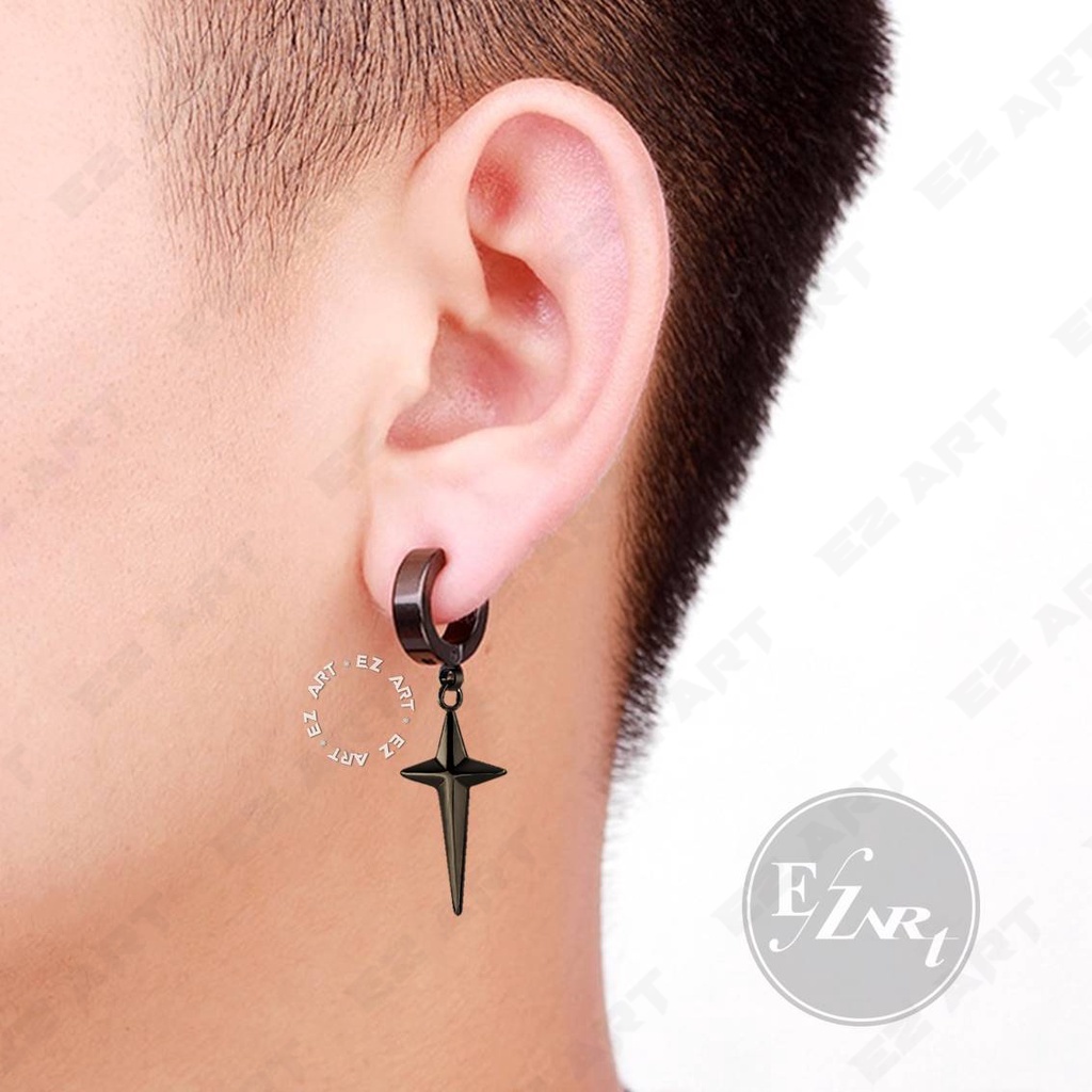 1Pc EZ-AAi ANTING FASHION COWOK 4-POINT STAR CROSS SALIB GAYA KOREA KPOP BTS PRIA WANITA JEPIT TUSUK SILVER HITAM EMAS