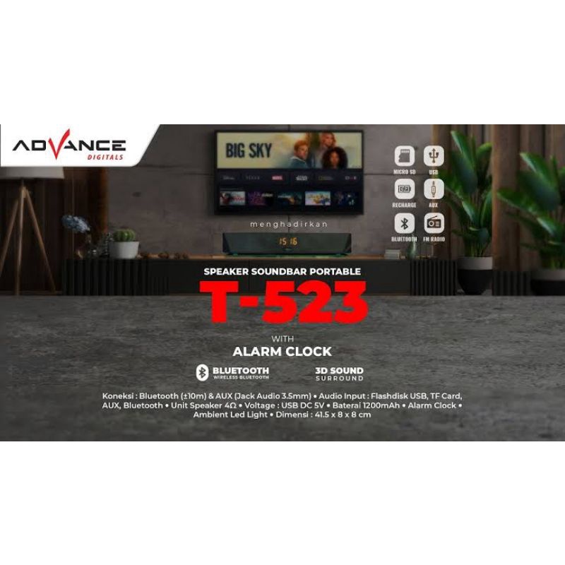 Advance Speaker Soundbar Portable Bluetooth + Alarm Clock T 523