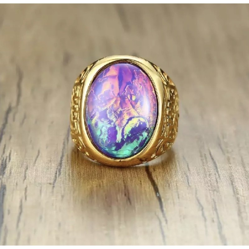 Cincin Pria Akik Opal Kalimaya Ring Berbahan Titanium Gold Mewah Original Anti Luntur dan Karat