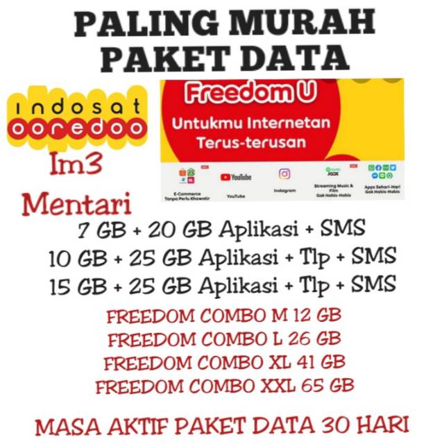 PAKET DATA INTERNET INDOSAT FREEDOM 1GB 2GB 3GB 7GB 10GB MASA AKTIF 30 HARI