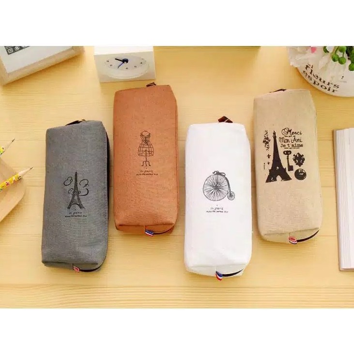 Tempat Pensil Paris Bahan Kanvas Kotak Pensil Stationary Tempat Pensil Paris Bahan Kanvas Kotak Pensil Stationary