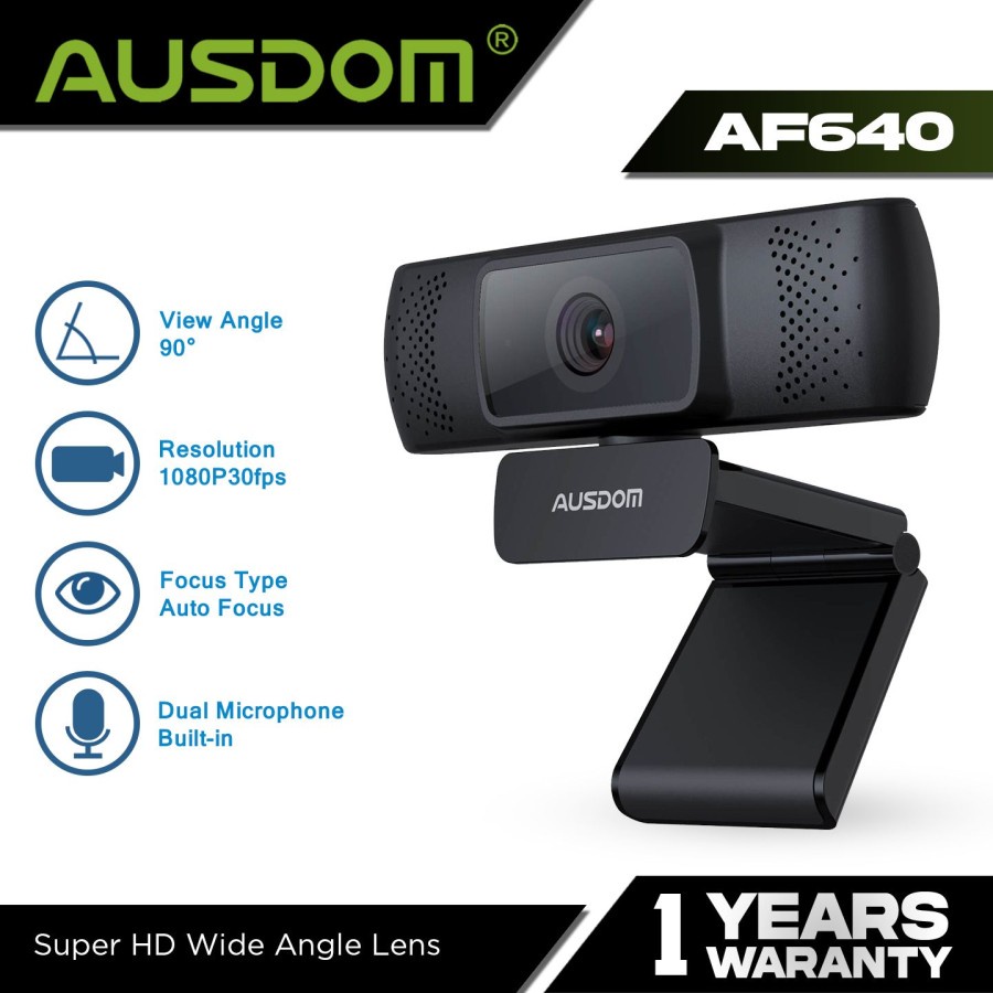 AUSDOM Webcam 1080P Auto Focus w/ Noise Cancelling Microphone - AF640