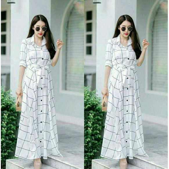 ready tiga warna long dress wanita fashion cewek baju perempuan kotak gamis dres panjang busana