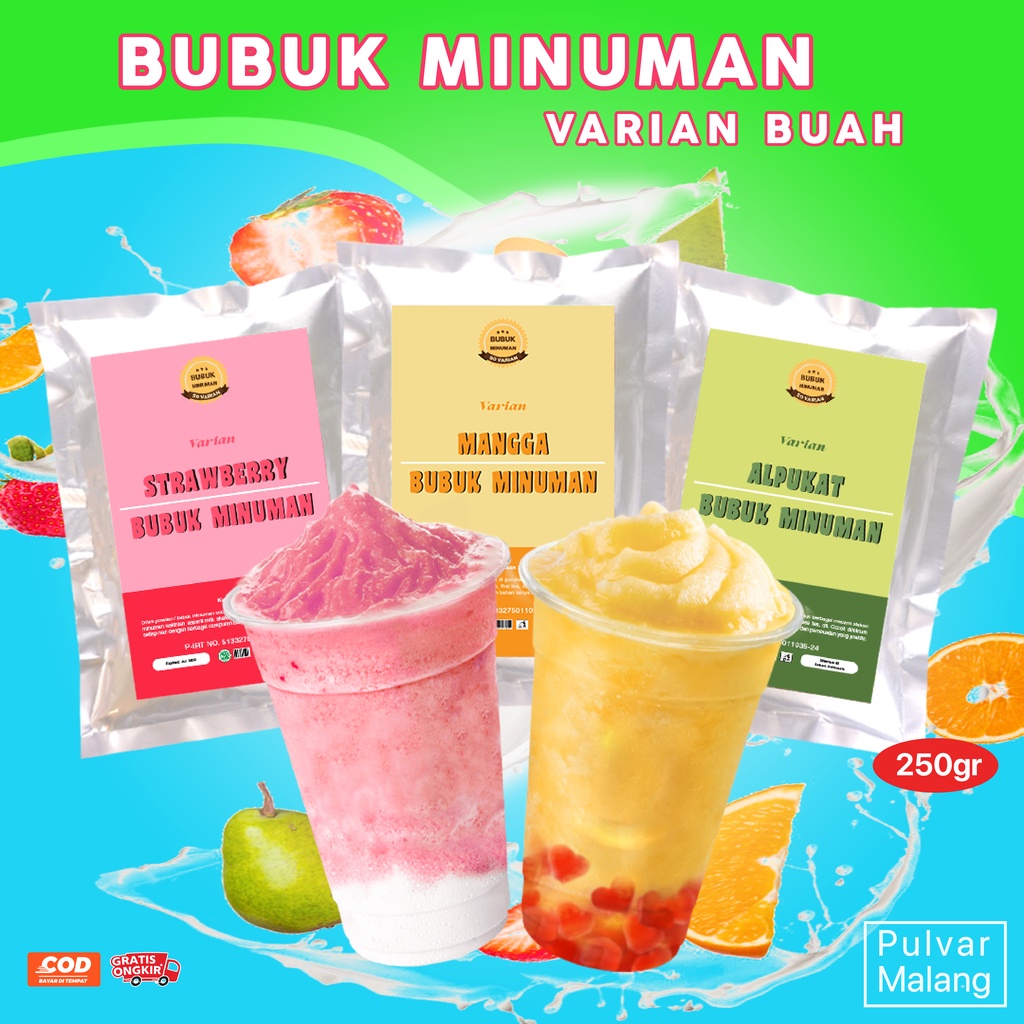 BUBUK MINUMAN RASA / BUBUK MINUMAN ANEKA RASA 250GR / BUBUK MINUMAN KEKINIAN / BUBUK MINUMAN INSTAN / BUBUK MINUMAN VARIAN BUAH / DRINK POWDER 250G