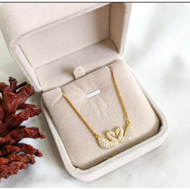 set kalung dan liontin double swan permata putih elegant emas asli
