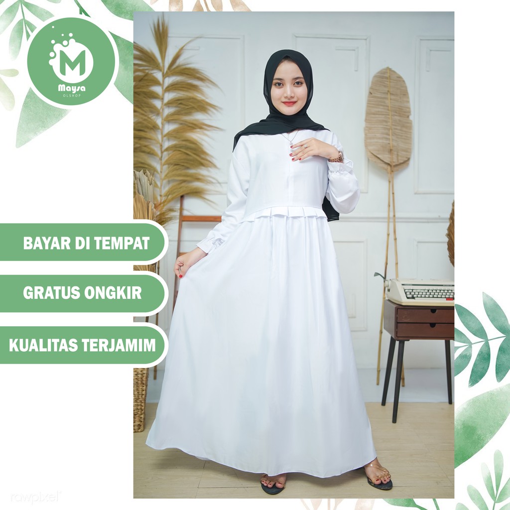 Gamis Putih Polos Jumbo Muslim Wanita Quenzha Dres/Dress Bahan Baloteli Ukuran XXL XXXL A029