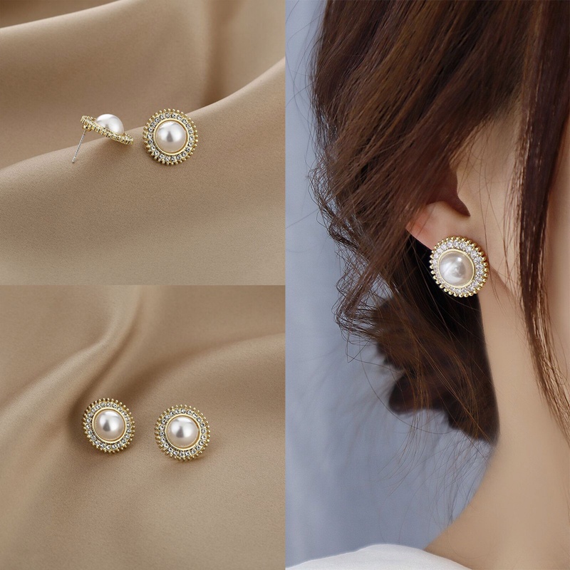 Anting Tusuk Gantung Bahan Sterling Silver 925 Desain Geometri Hias Mutiara + Berlian Imitasi Untuk Wanita