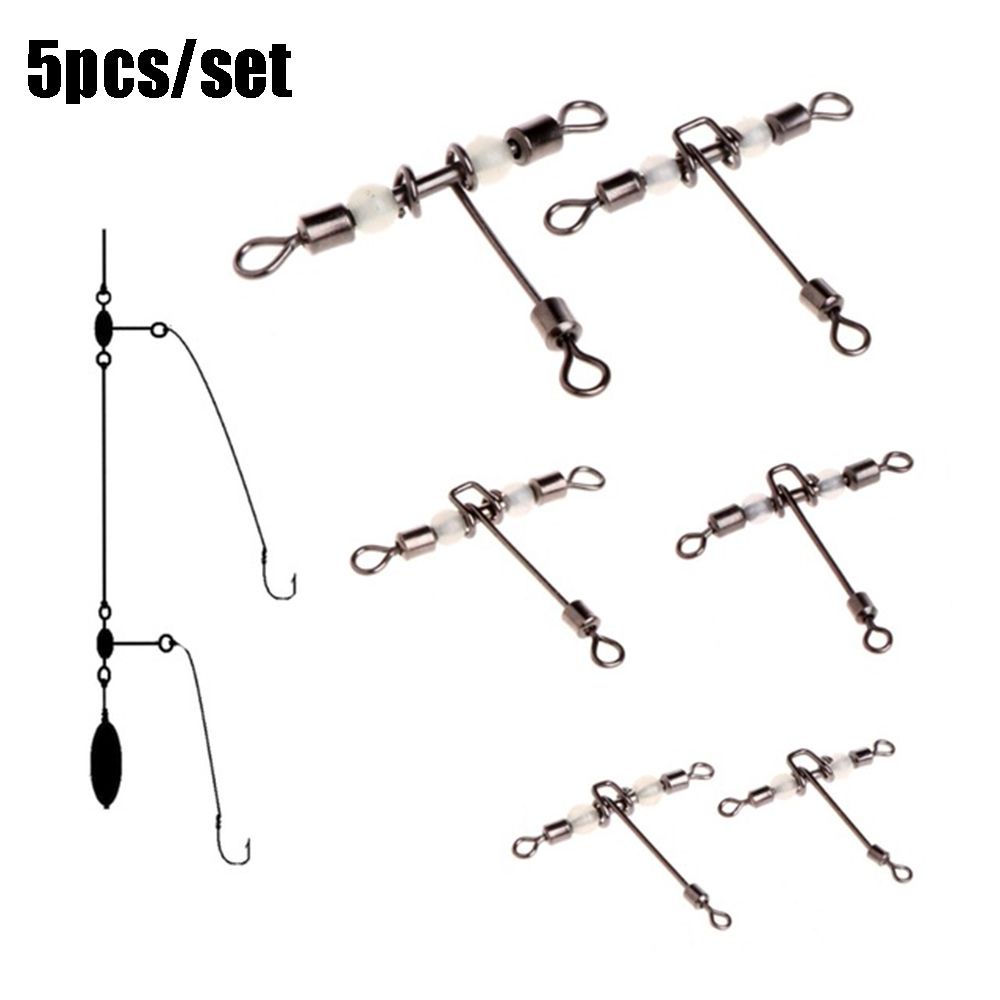 ROW 5pcs/lot Hot T-shape fishing swivels cross line  rolling swivel with pearl  3 way connector Splitter Brass Barrel Trident Durable Wivels Bearing luminous