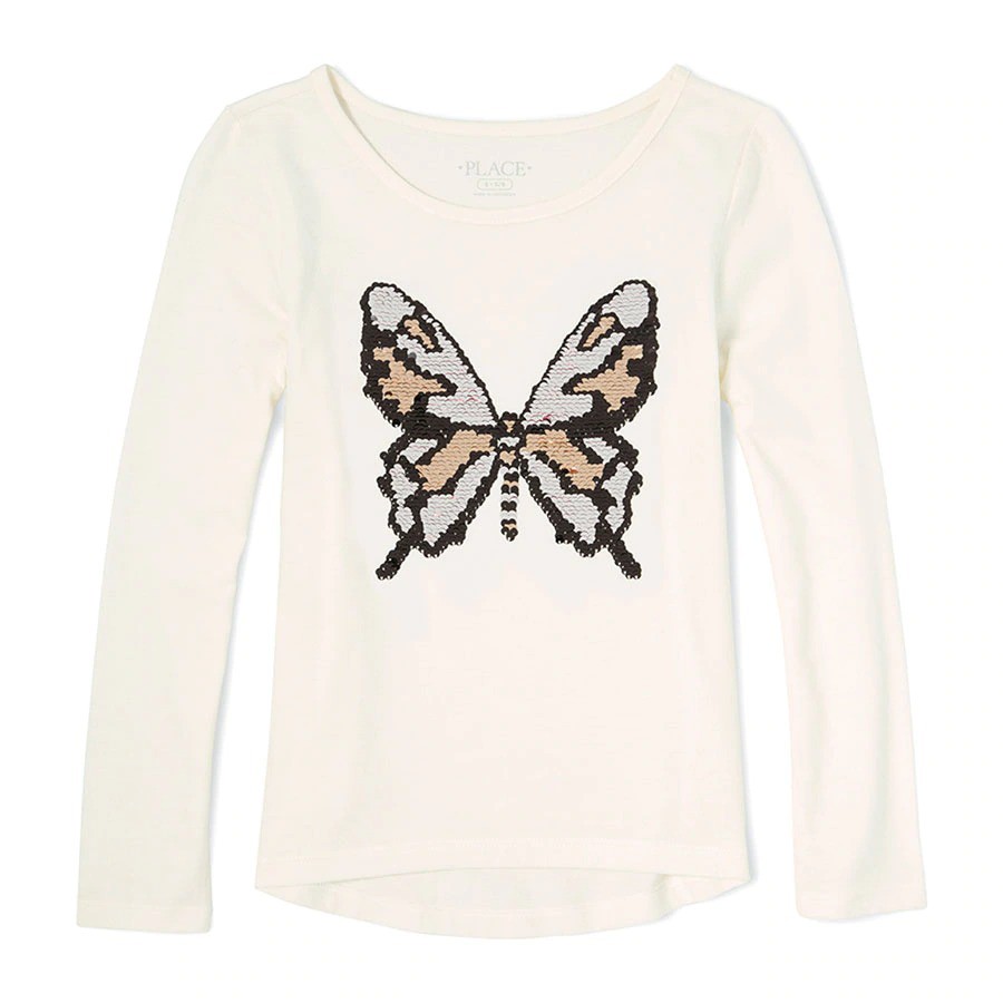 PLACE TEE Girls Long Sleeve Flip Sequin Graphic High Low Top SNOW Butterfly