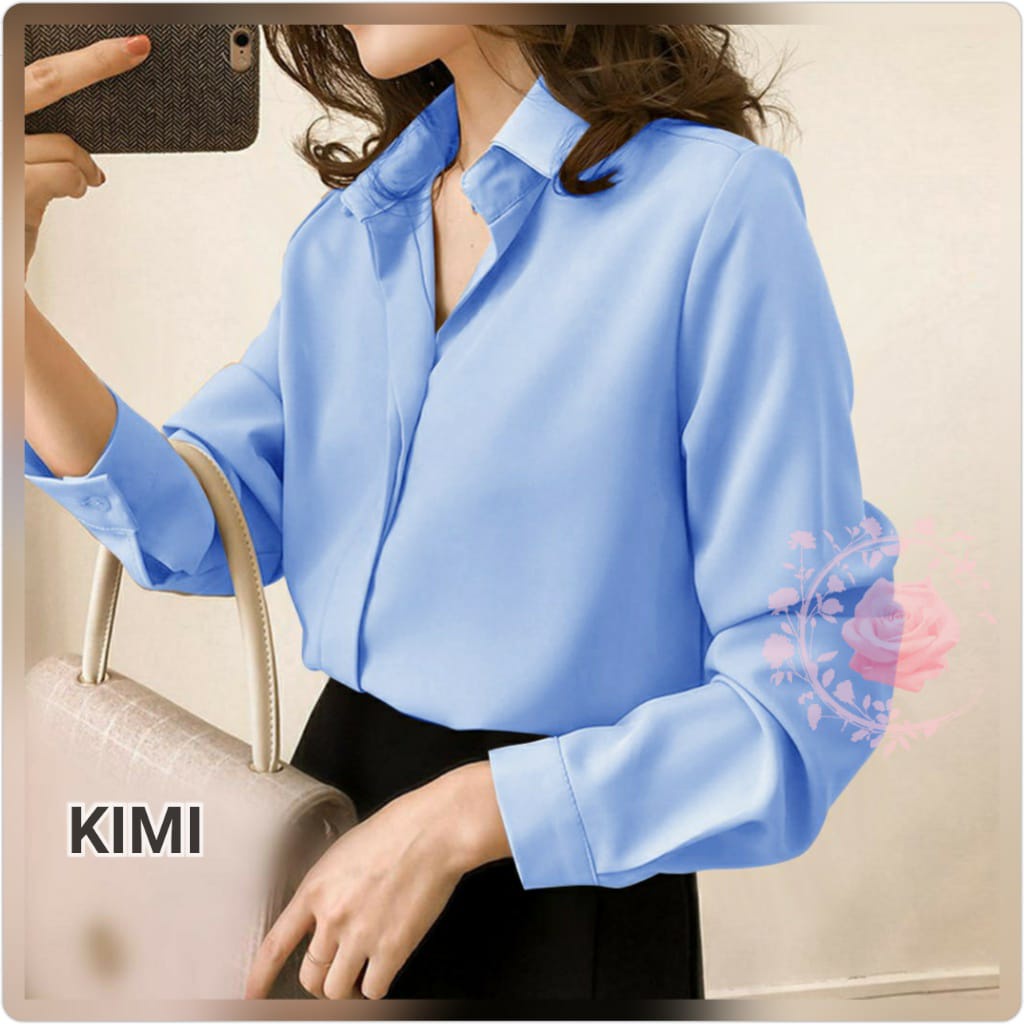Kemeja Wanita Kimi Import Bahan Moscrepe Import Lembut dan Stretch Termurah Premium By Royaloutfit-Biru Muda