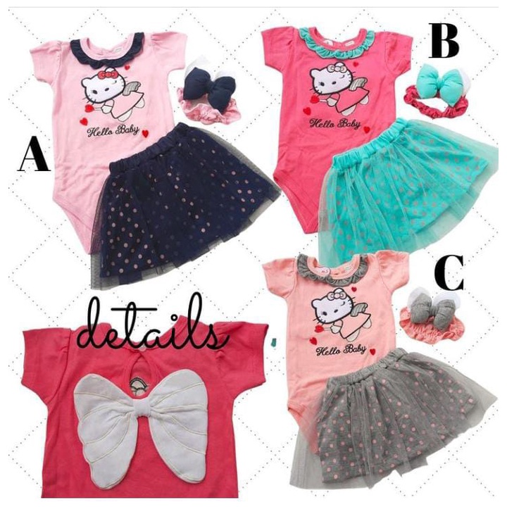 Baju Anak Bayi Perempuan 0 3 5 9 12 Bulan Set Jumper Bayi Rok Bandana Sayap Kitty Angel