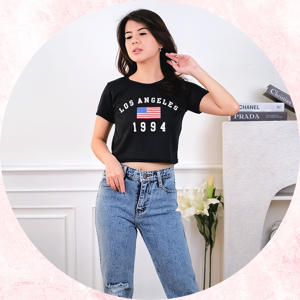 Tq88indonesia Fashion Baju Crop Kaos Wanita Terbaru / LA 1994 Knit Rib Crop Top / Tshirt Wanita / Baju Kasual Wanita / Baju Santai Cewek / Baju Seksi Wanita