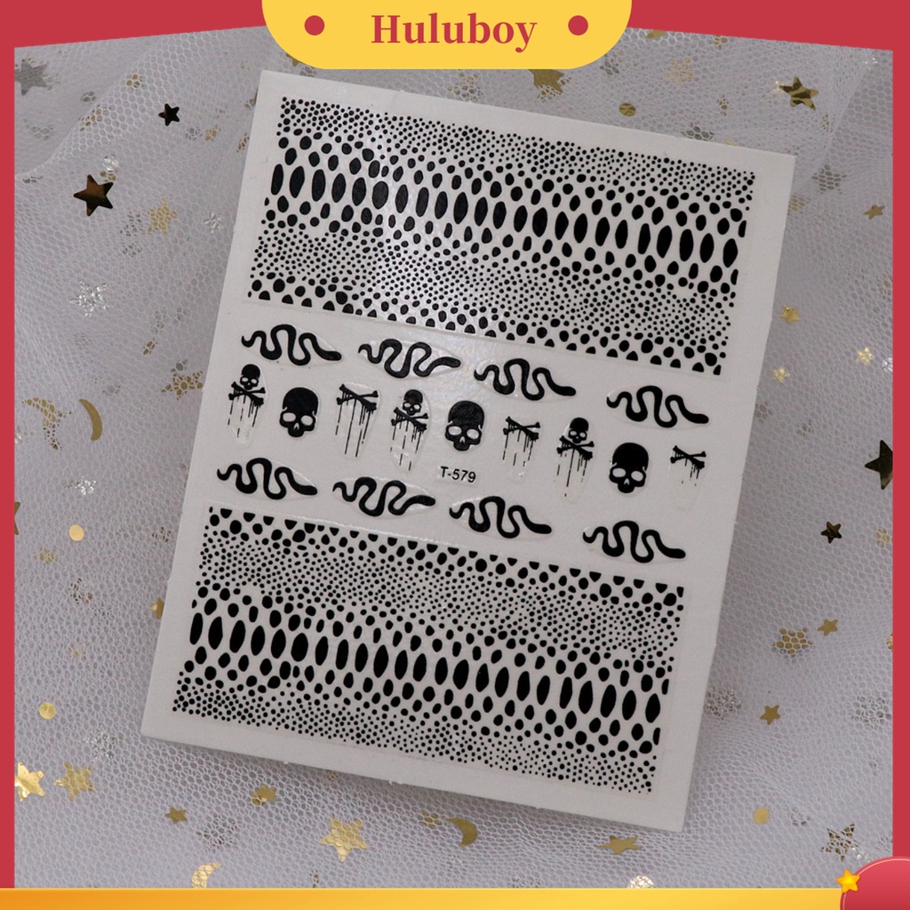 Huluboy Huluboy♡ 9 Pcs / Set Stiker Kuku Motif Print Ular Efek 3D Warna Hitam Untuk Dekorasi Manicure