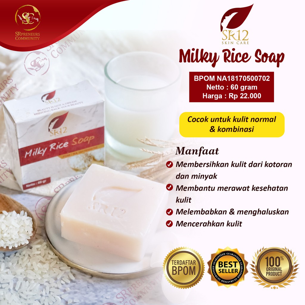 SABUN BERAS SUSU HERBAL SR12 BPOM / MILKY RICE SOAP SR12 HERBAL / SABUN BERAS SR12 / SABUN SUSU SR12 HERBAL SKINCARE / SABUN WAJAH MENCERAHKAN / KULIT KOMBINASI / SABUN BERAS UNTUK MENCERAHKAN WAJAH / SABUN SUSU PEMBERSIH MUKA