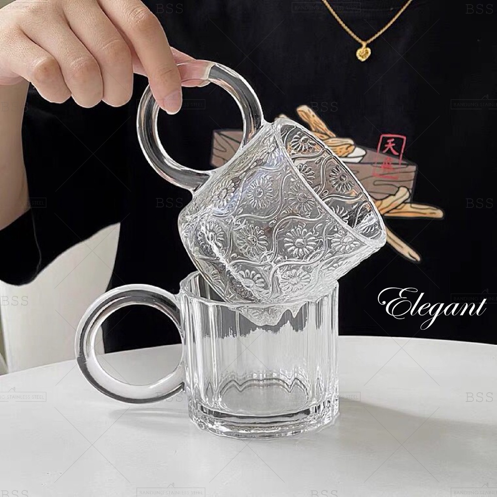 Aesthetic Glass Cup Cangkir Teh Mug Susu Gelas Kaca Transparan Minimalis Motif Bunga Garis