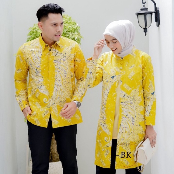 Baju Batik Couple Batik Wanita Sarimbit Batik Pasangan Katun Lengan Panjang Motif Blarak Kuning Kanz