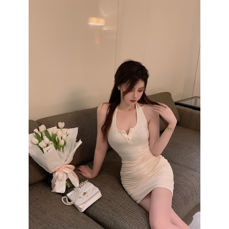 Suhao ~ Tas Kancing Kasual Halter Gaun Tank Pendek Pinggul