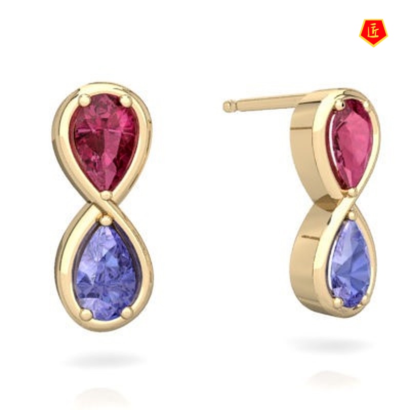 [Ready Stock]Creative Heart-Shaped Ring Red Purple Zircon Ear Stud Necklace Set