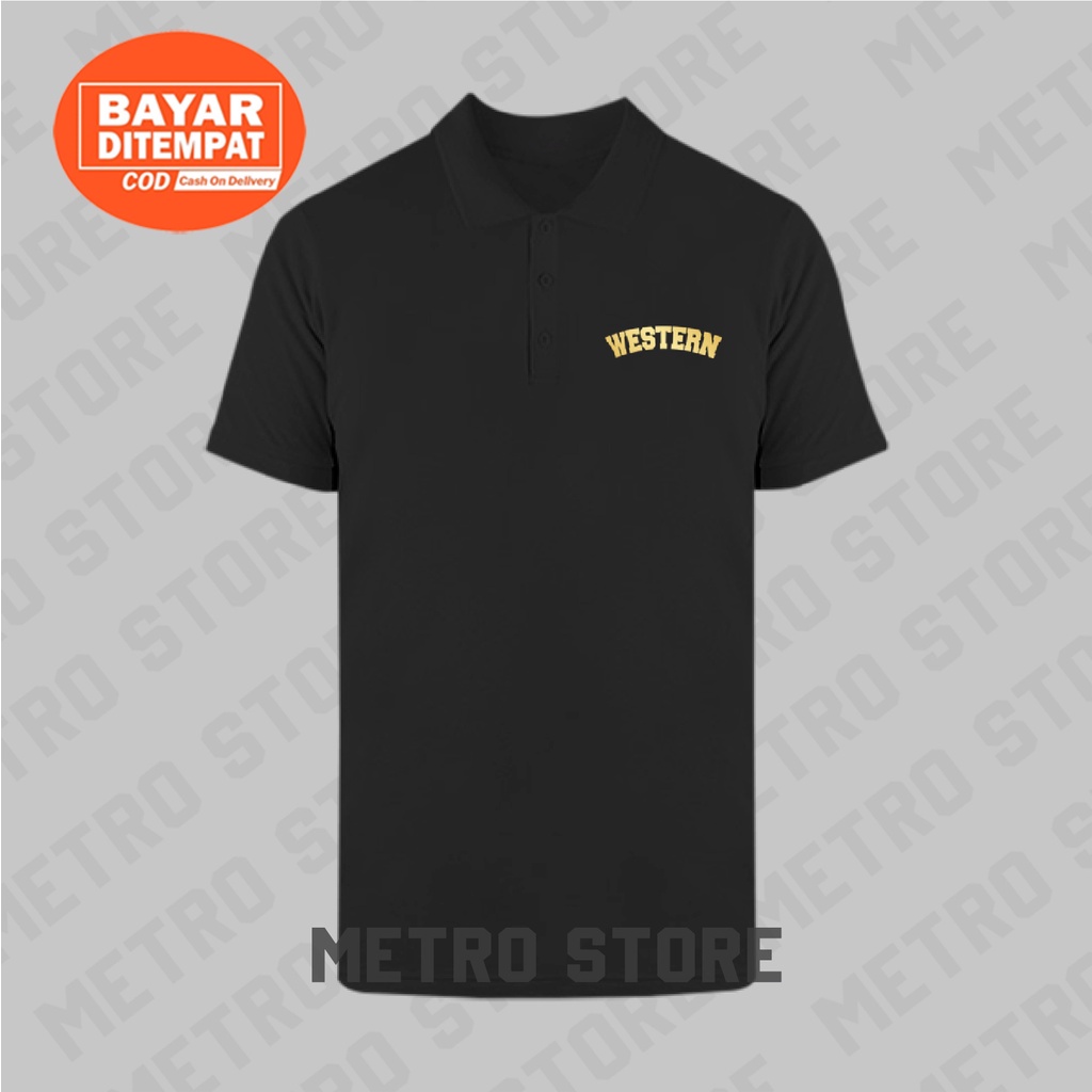 Kaos Polo Western Logo Teks Premium Gold Print | Kaos Polo Shirt Kerah Lengan Pendek Pria Muda Keren