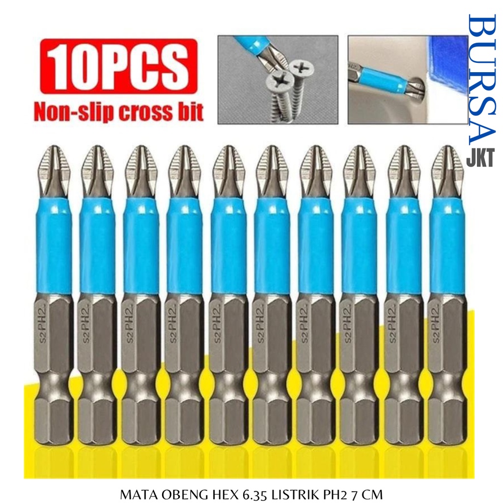 MATA OBENG HEX 6.35 PH2 7 CM MAGNETIC SCREWDRIVER BIT ANTI SLIP SET ISI 10 PC