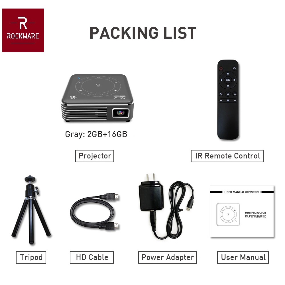 ROCKWARE P11 2GB - Mini Android 9.0 DLP Projector 55 ANSI Lumens 4K HD