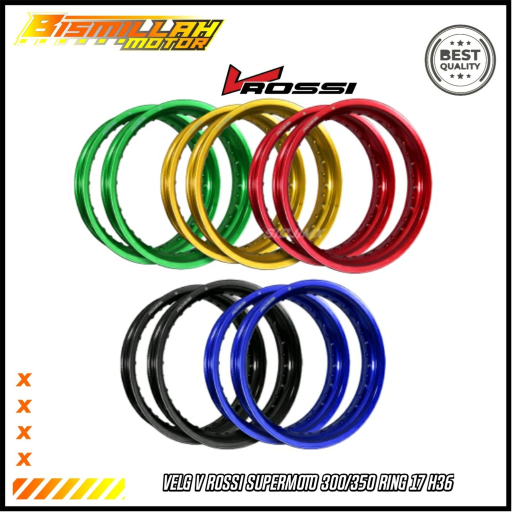 VELG SET DEPAN BELAKANG SUPERMOTO V ROSSI GOLD BIRU HITAM MERAH 300 350 RING 17 HOLE 36