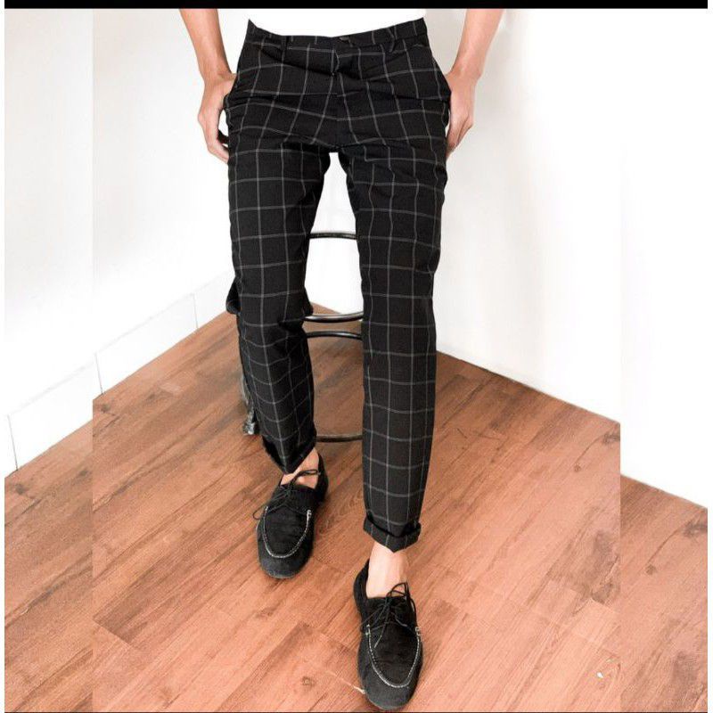 celana panjang tartan //pria//tartan//slimfit bahan semi woll import